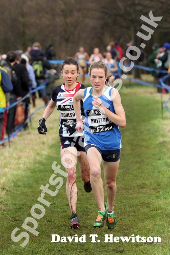 Fionnuala Britton leads from Jess Coulson during the senior womens BUPA Great Edinburgh Cross country.